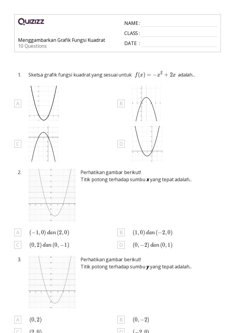 Menggambarkan Grafik Fungsi Kuadrat - Dapat dicetak Grafik-fungsi Lembar-kerja - Quizizz