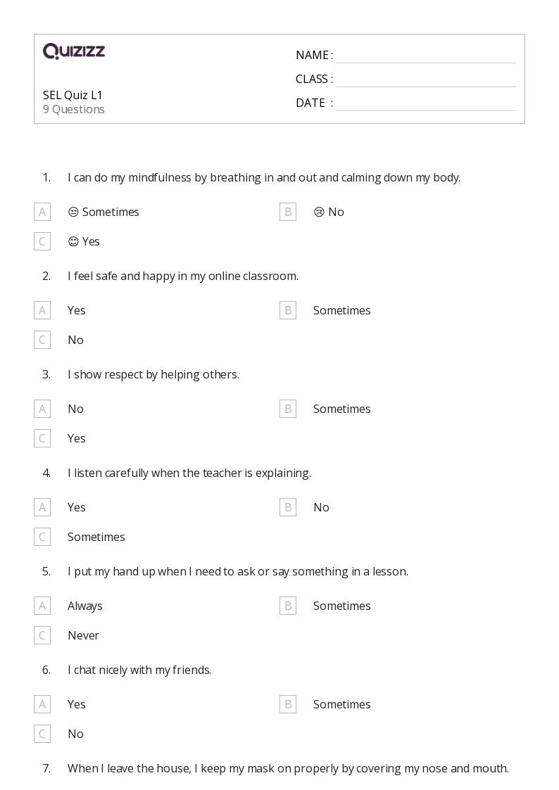 SEL Quiz L1 - Printable Class 1 Worksheets - Quizizz