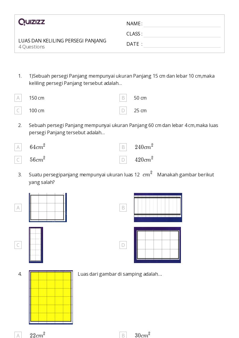 LUAS DAN KELILING PERSEGI PANJANG - Dapat dicetak Luas-dan-keliling Lembar-kerja Kelas 9 - Quizizz