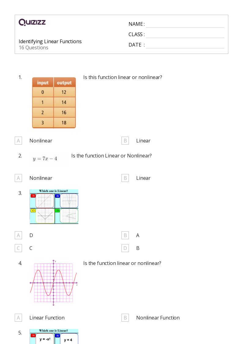 Identifying Linear Functions - Printable Linear-functions Worksheets Grade 9 - Quizizz