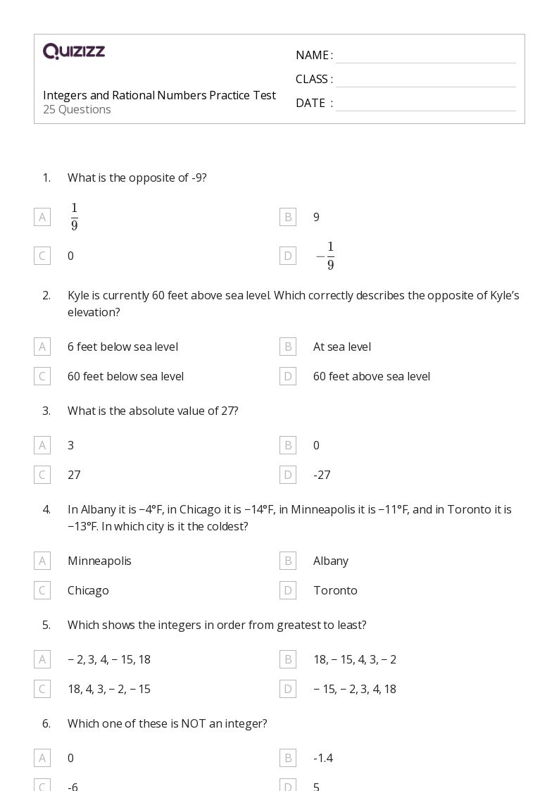 Integers and Rational Numbers Practice Test - Printable Integers-and-rational-numbers Worksheets Grade 8 - Quizizz