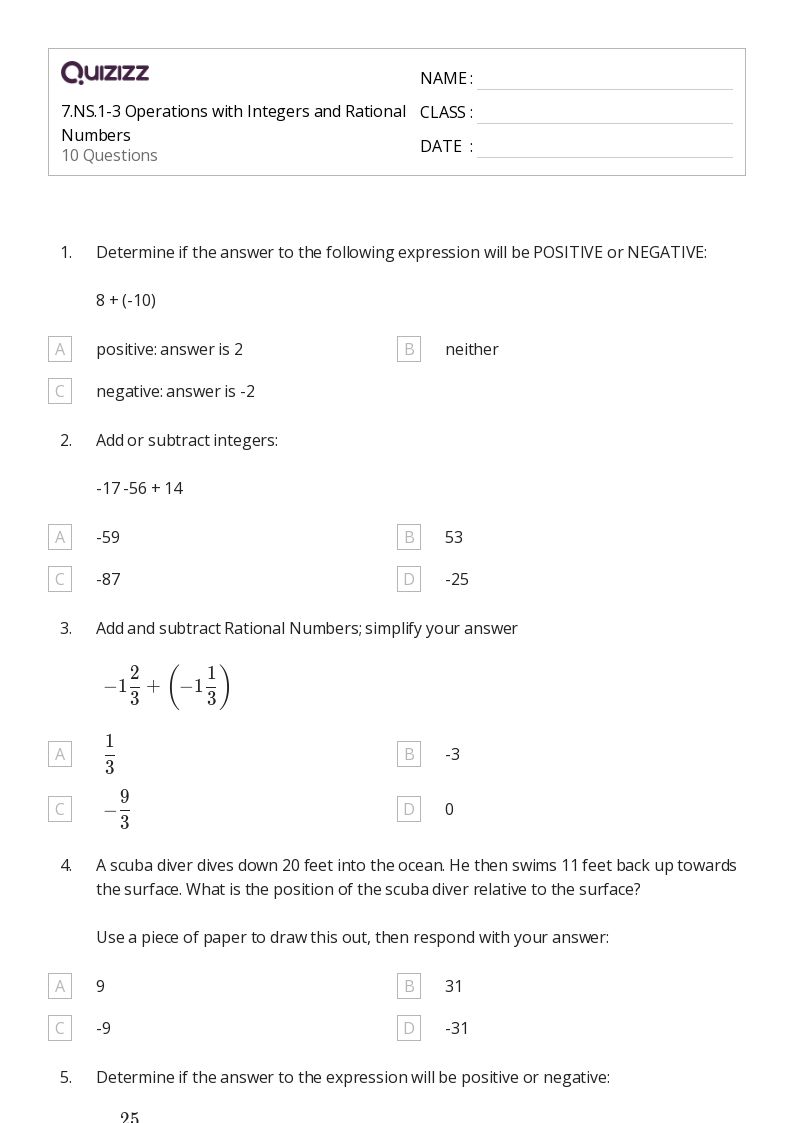 7.NS.1-3 Operations with Integers and Rational Numbers - Printable Integers-and-rational-numbers Worksheets Grade 8 - Quizizz