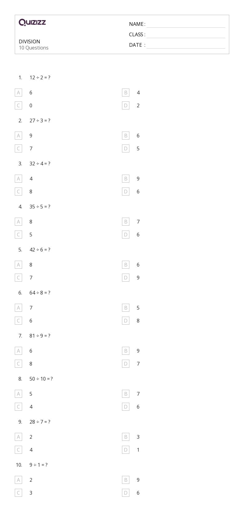 DIVISION - Printable Class 1 Worksheets - Quizizz