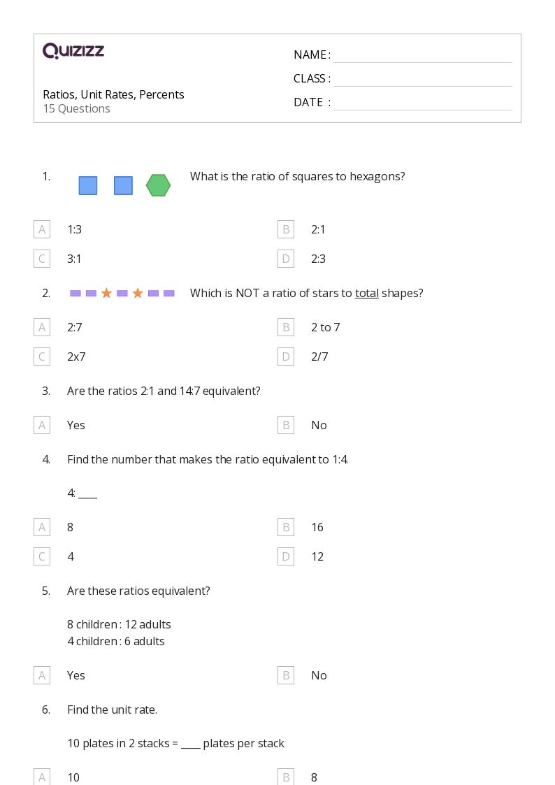 Ratios, Unit Rates, Percents - Printable Percents-ratios-and-rates Worksheets Grade 8 - Quizizz