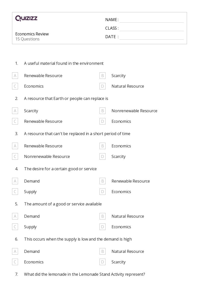 Economics Review - Printable Social-studies Worksheets Grade 7 - Quizizz