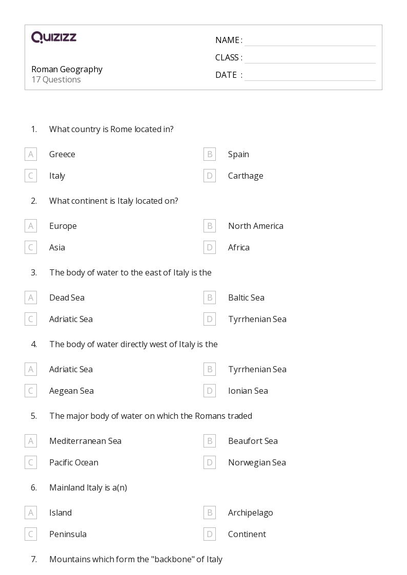 Roman Geography - Printable Social-studies Worksheets Grade 7 - Quizizz