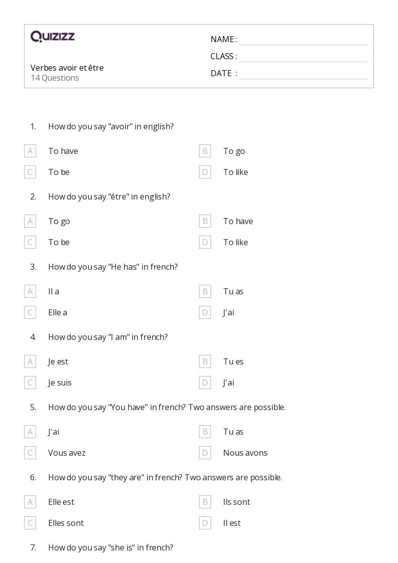 Verbes avoir et être - Printable Class 1 Worksheets - Quizizz
