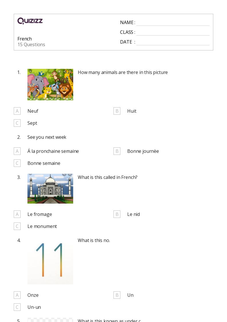 French - Printable French Worksheets Class 6 - Quizizz