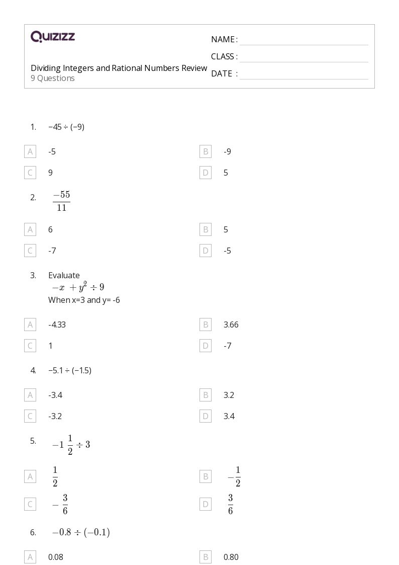 Dividing Integers and Rational Numbers Review - Printable Integers-and-rational-numbers Worksheets Grade 8 - Quizizz