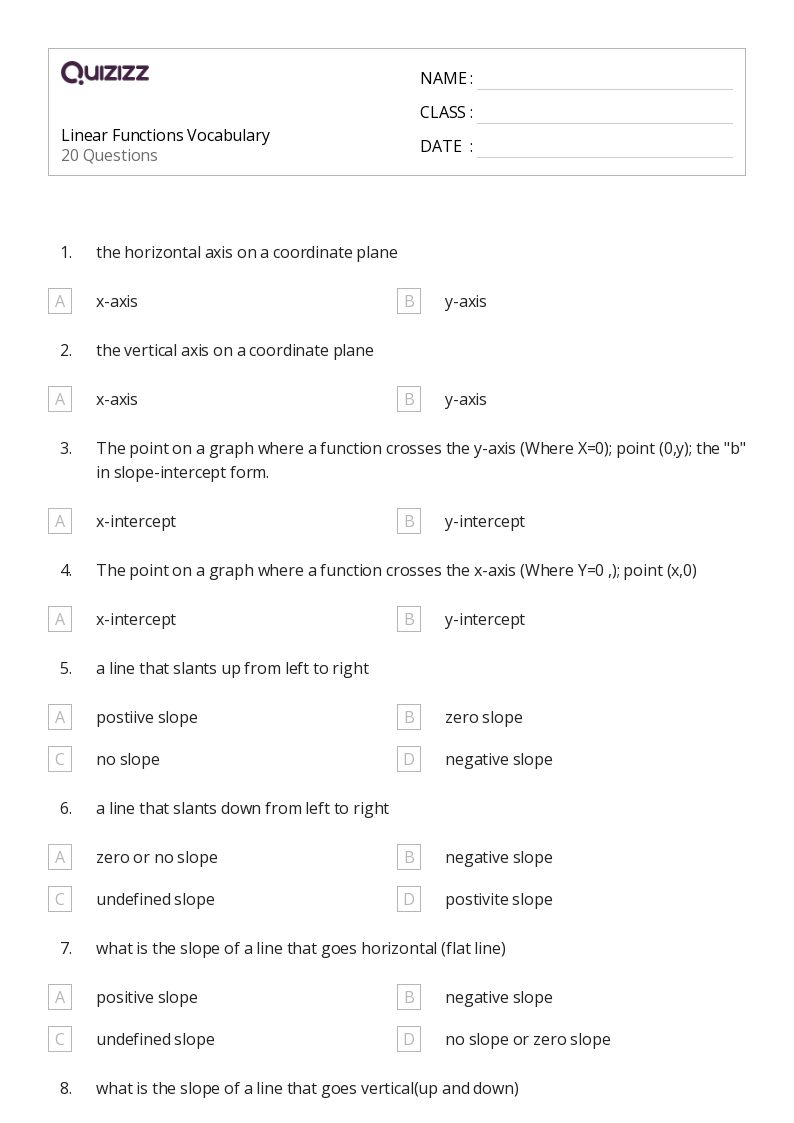 Linear Functions Vocabulary - Printable Linear-functions Worksheets Grade 9 - Quizizz