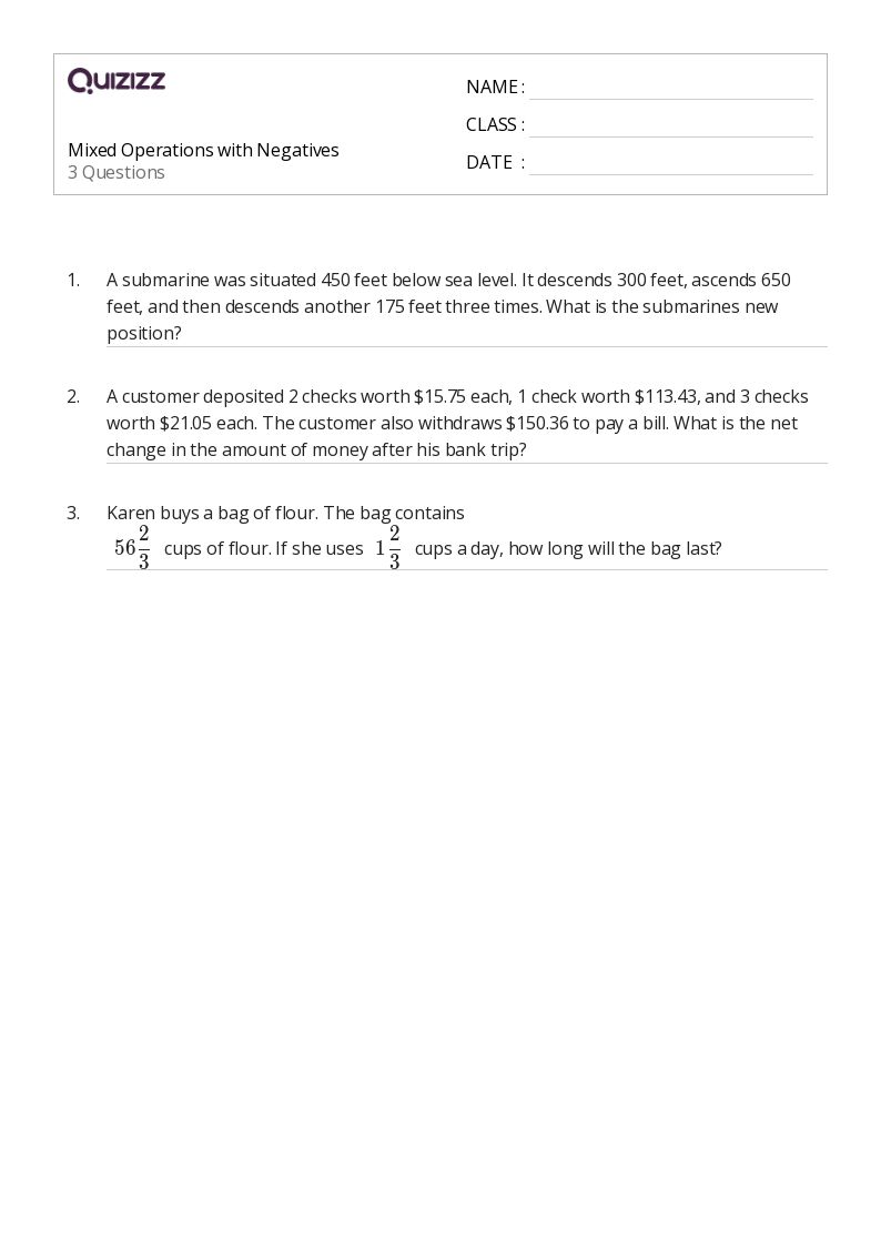 Mixed Operations with Negatives - Printable Mixed-operations Worksheets Grade 7 - Quizizz