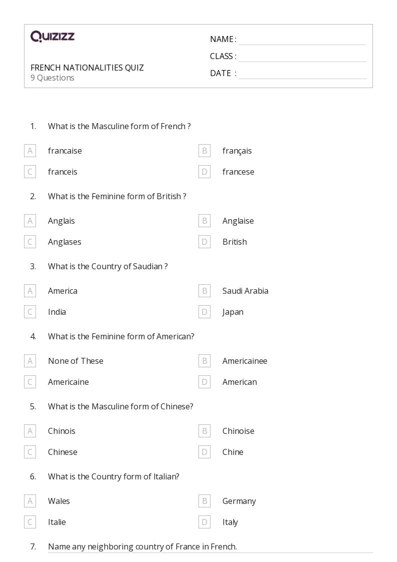 FRENCH NATIONALITIES QUIZ - Printable French Worksheets Class 6 - Quizizz