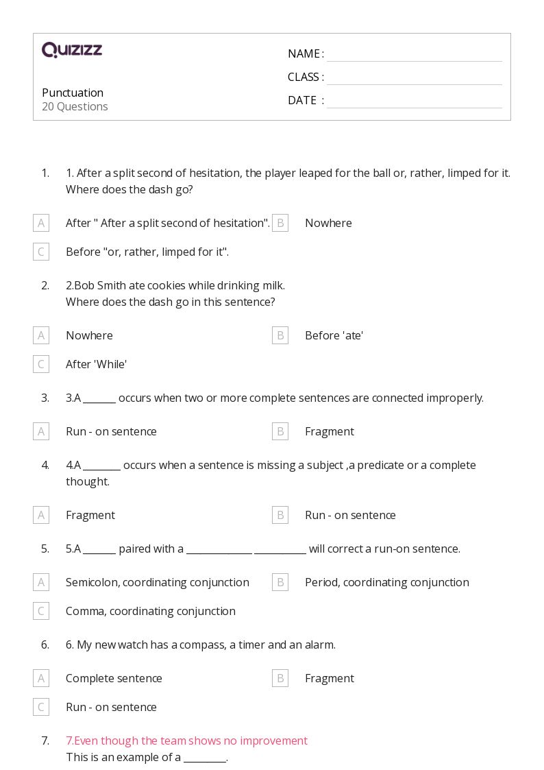 Punctuation - Printable Punctuation Worksheets Grade 7 - Quizizz