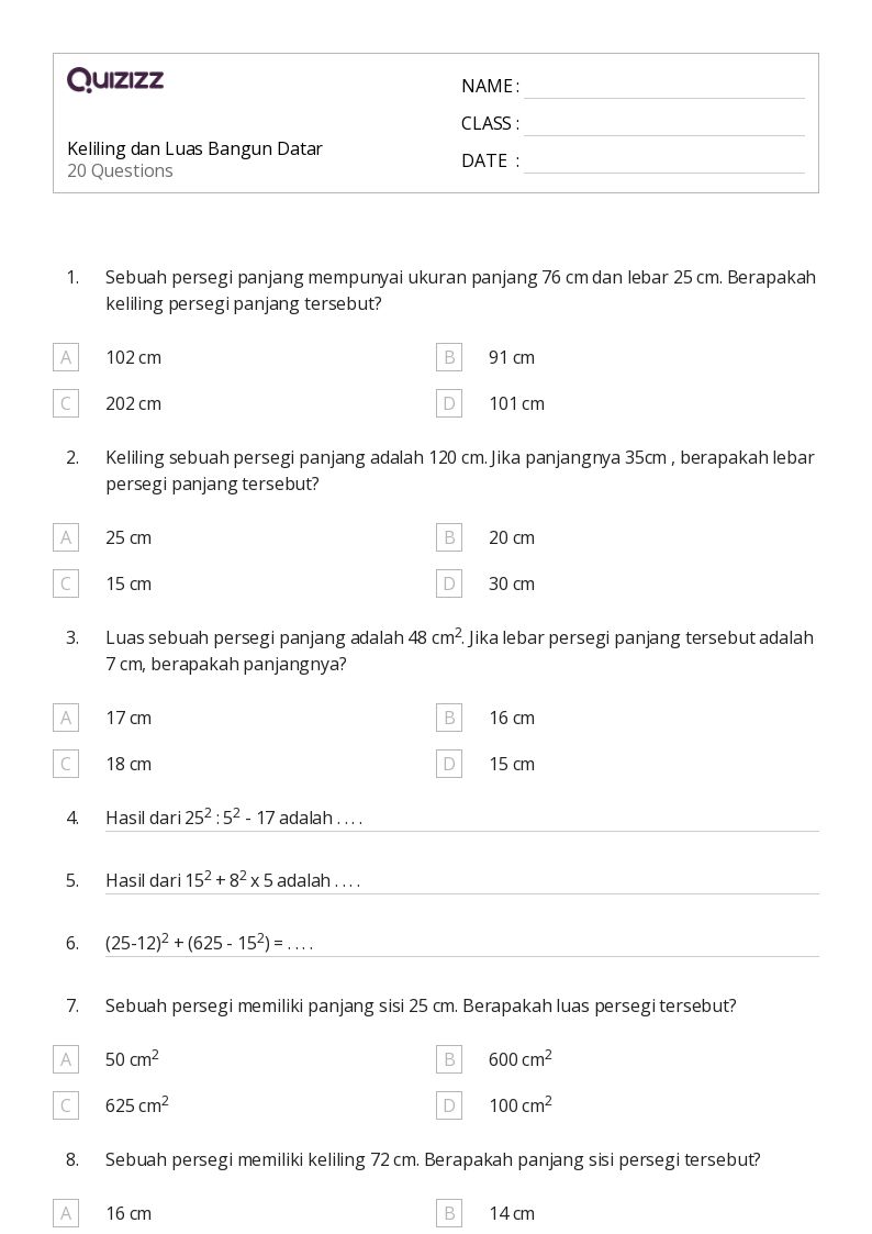 Keliling dan Luas Bangun Datar - Dapat dicetak Luas-dan-keliling Lembar-kerja Kelas 9 - Quizizz