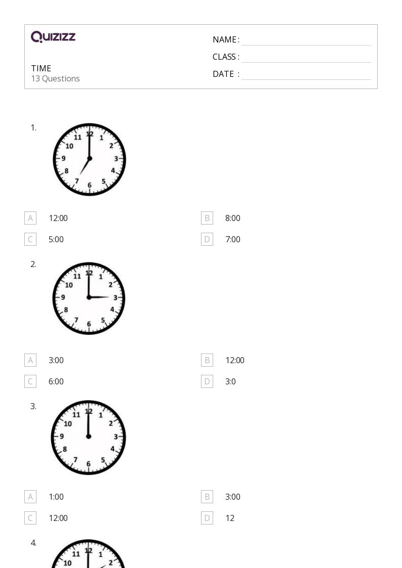 TIME - Printable Time Worksheets Class 1 - Quizizz