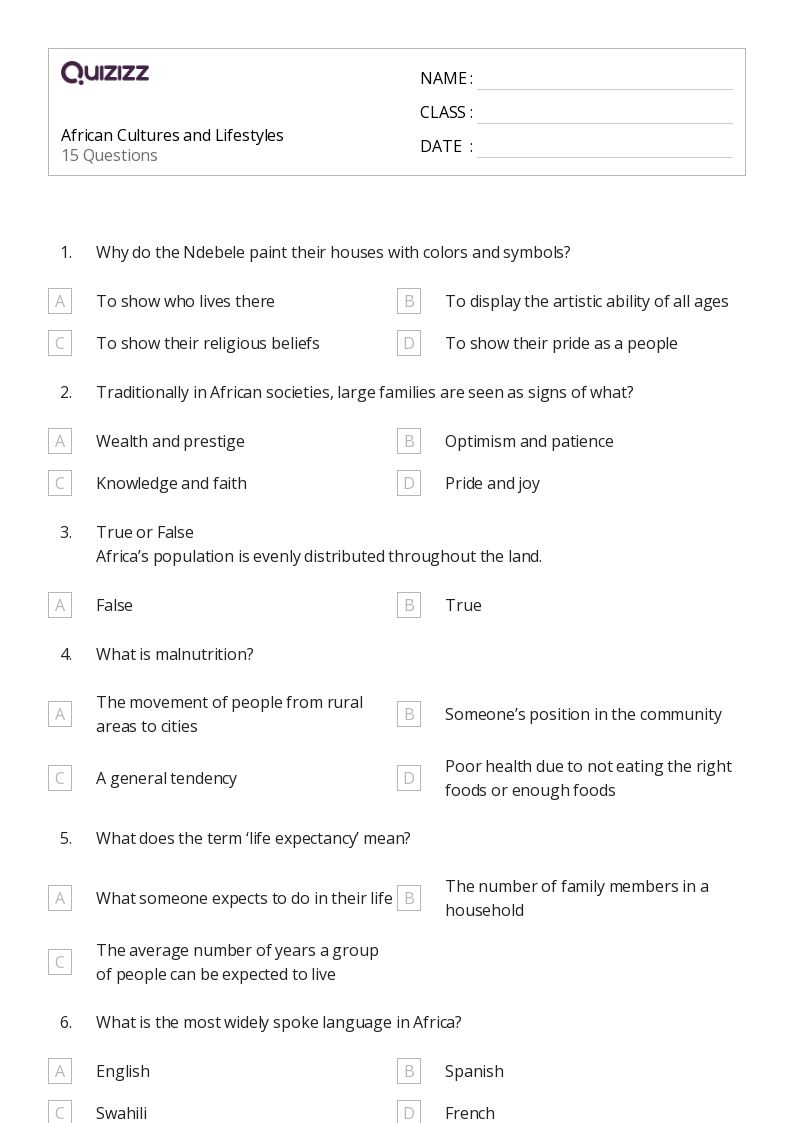 African Cultures and Lifestyles - Printable Social-studies Worksheets Grade 7 - Quizizz