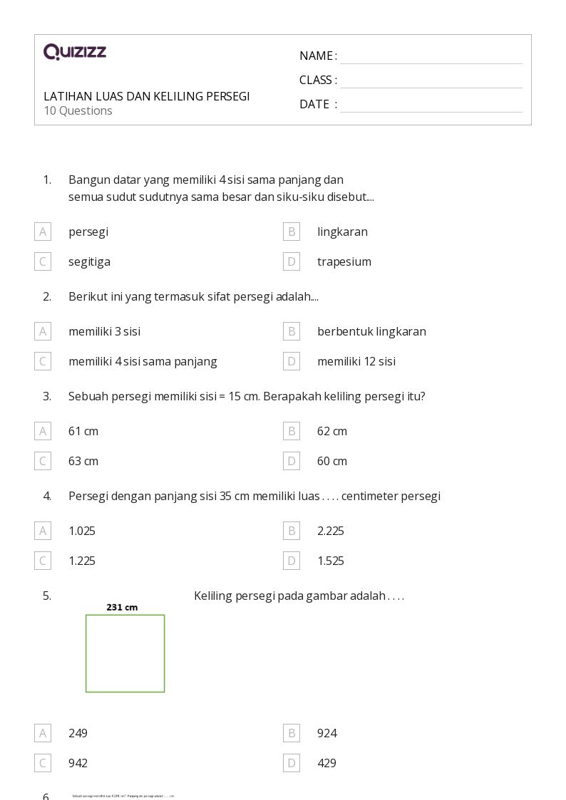 LATIHAN LUAS DAN KELILING PERSEGI - Dapat dicetak Luas-dan-keliling Lembar-kerja Kelas 9 - Quizizz