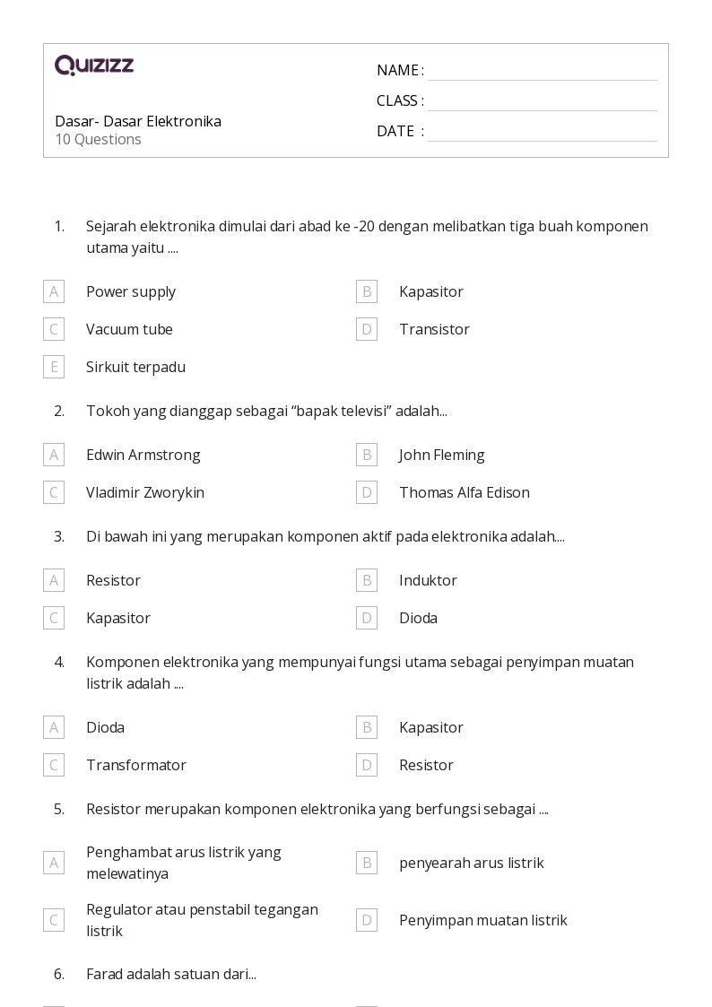 Dasar- Dasar Elektronika - Dapat dicetak Dasar Lembar-kerja - Quizizz