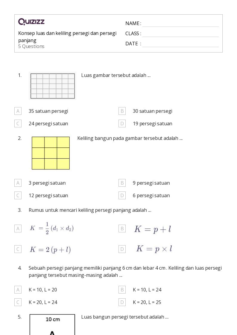 Konsep luas dan keliling persegi dan persegi panjang - Dapat dicetak Luas-dan-keliling Lembar-kerja Kelas 9 - Quizizz