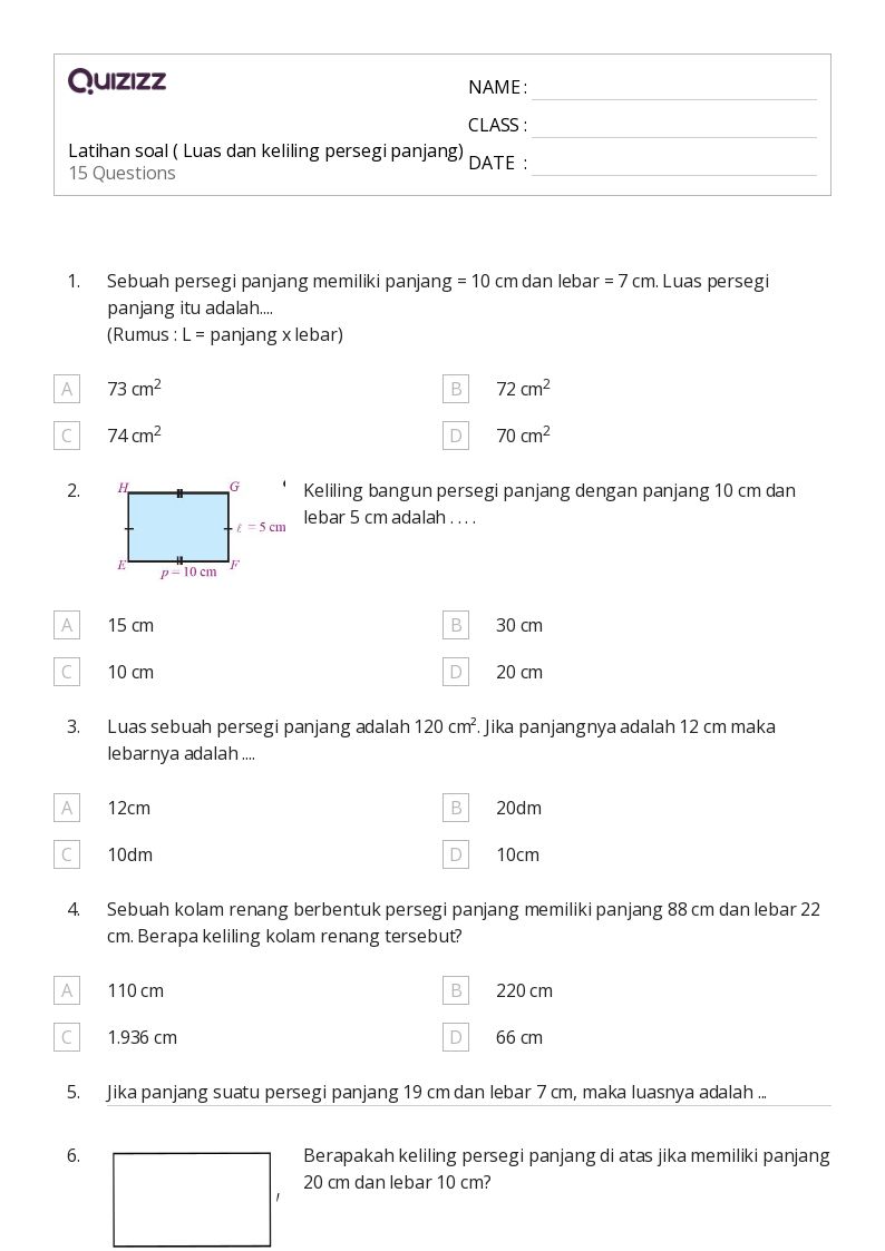 Latihan soal ( Luas dan keliling persegi panjang) - Dapat dicetak Luas-dan-keliling Lembar-kerja Kelas 9 - Quizizz