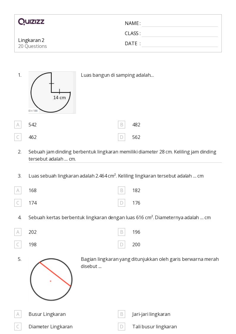 Lingkaran 2 - Dapat dicetak Luas-dan-keliling Lembar-kerja Kelas 9 - Quizizz