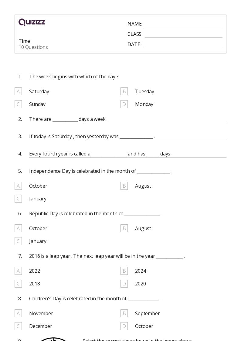 Time - Printable Time Worksheets Class 1 - Quizizz