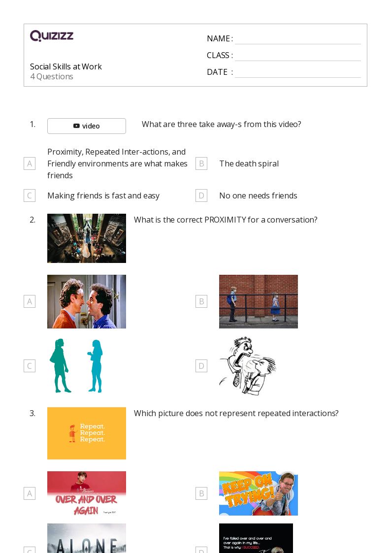 Social Skills at Work - Printable Class 1 Worksheets - Quizizz