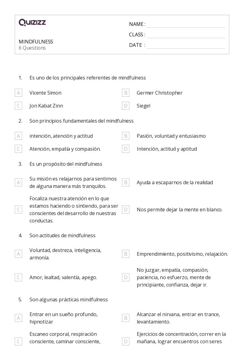 MINDFULNESS - Printable Class 1 Worksheets - Quizizz