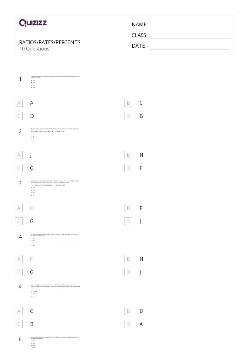 RATIOS/RATES/PERCENTS - Printable Percents-ratios-and-rates Worksheets Grade 8 - Quizizz