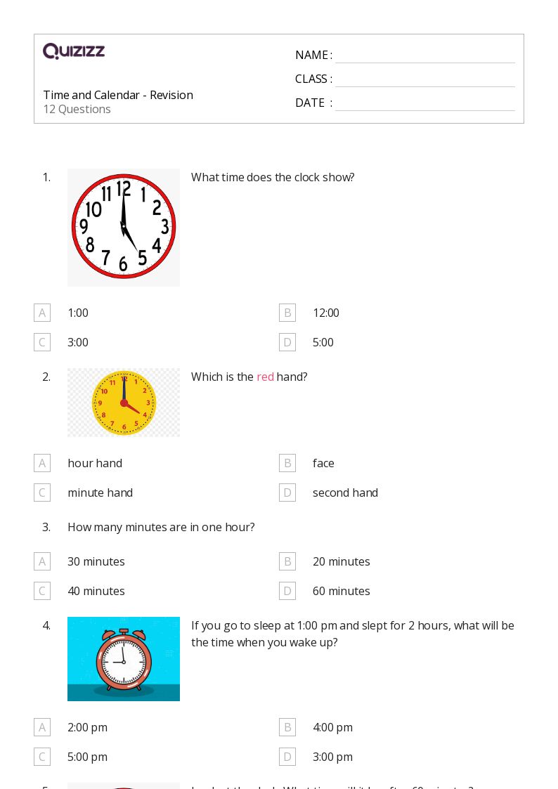 Time and Calendar - Revision - Printable Time Worksheets Class 1 - Quizizz