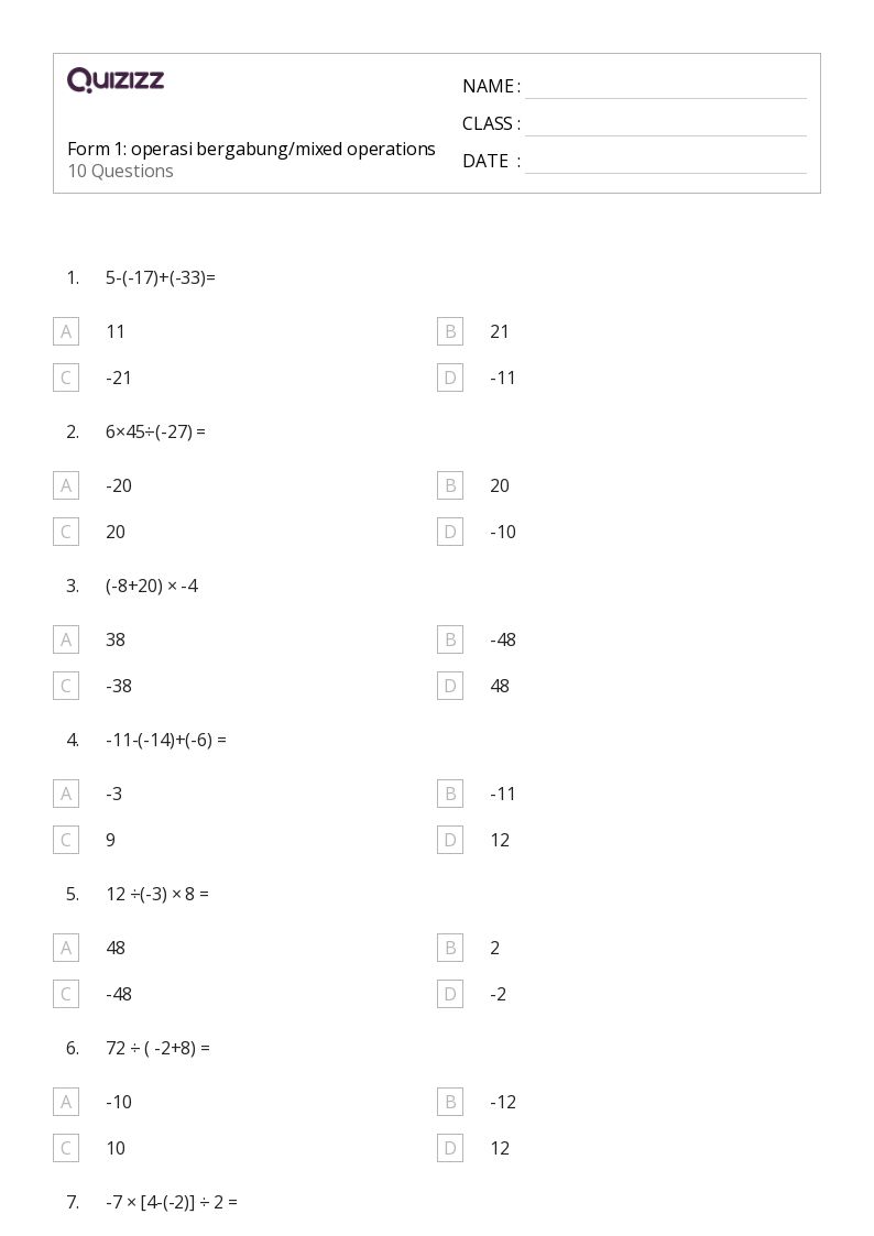 Form 1: operasi bergabung/mixed operations - Printable Mixed-operations Worksheets Grade 7 - Quizizz