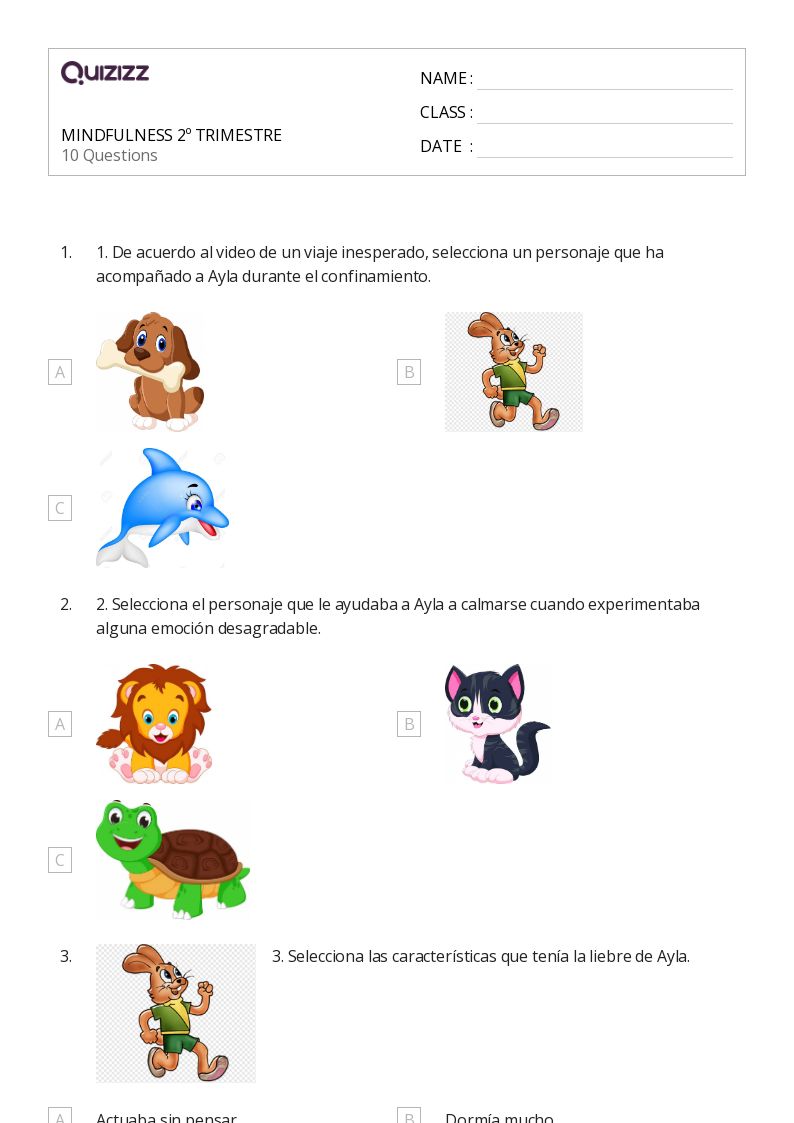 MINDFULNESS 2º TRIMESTRE - Printable Class 1 Worksheets - Quizizz