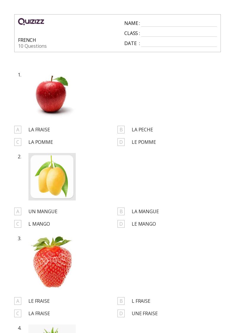 FRENCH - Printable French Worksheets Class 6 - Quizizz
