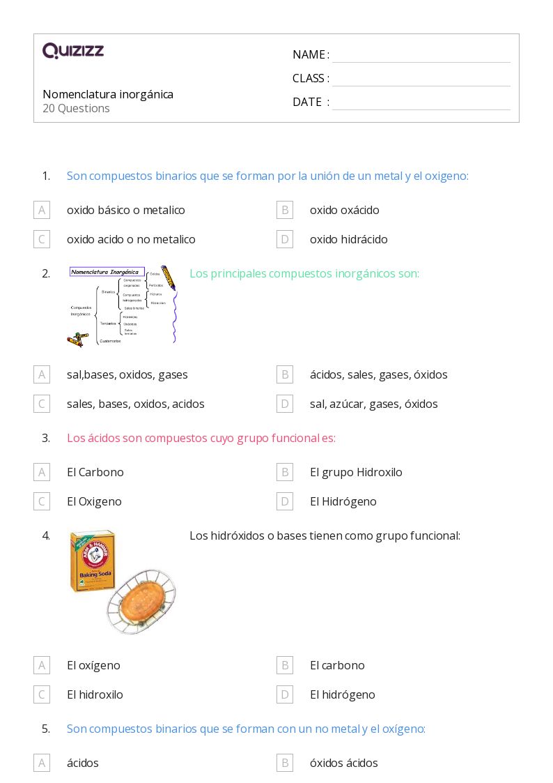 Nomenclatura inorgánica - Imprimível O-básico Fichas-de-trabalho - Quizizz