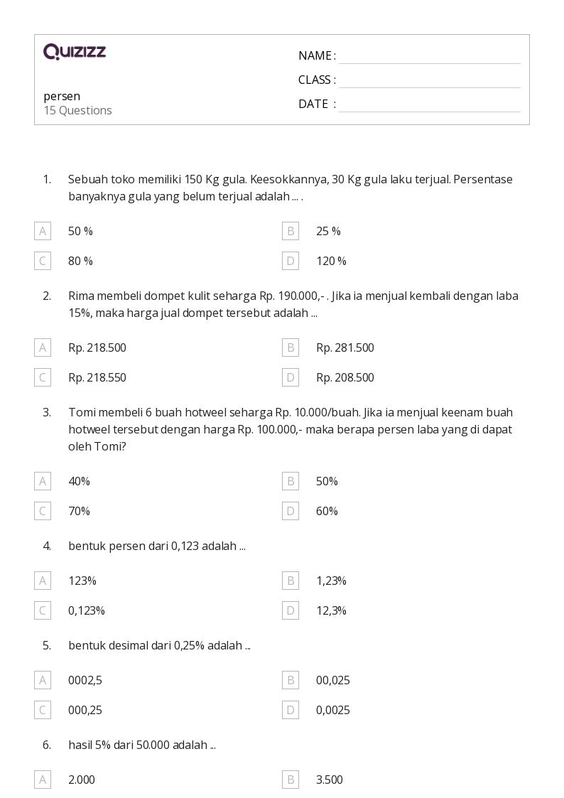 persen - Dapat dicetak Persen-rasio-dan-tarif Lembar-kerja Kelas 5 - Quizizz