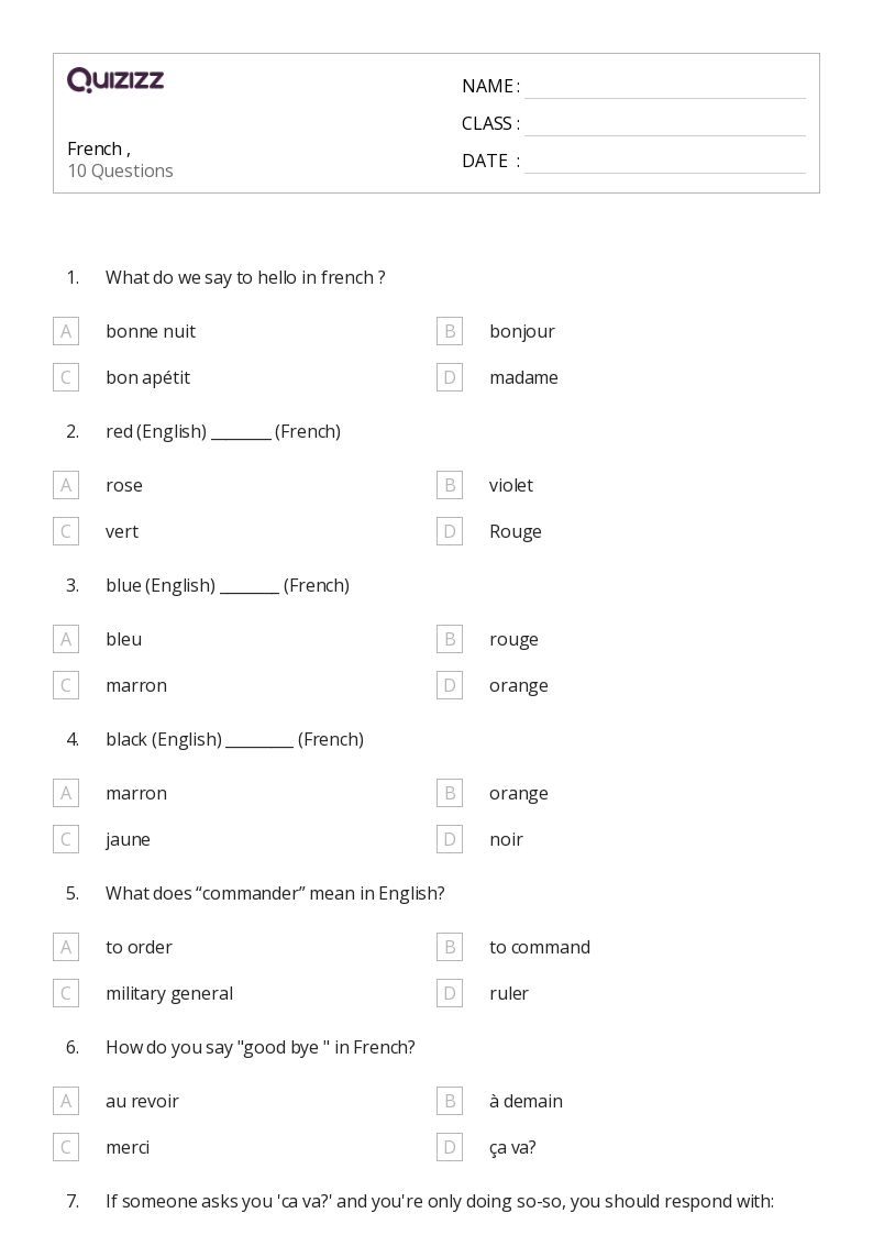 French , - Printable French Worksheets Class 6 - Quizizz