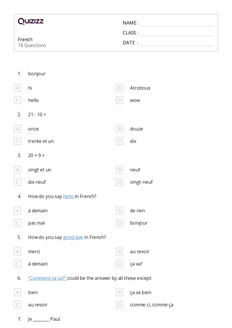 French - Printable French Worksheets Class 6 - Quizizz
