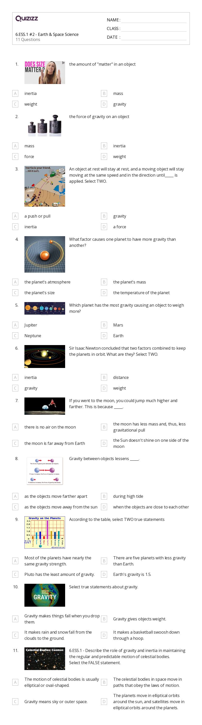 6.ESS.1 #2 - Earth & Space Science - Printable Science Worksheets Year 8 - Quizizz