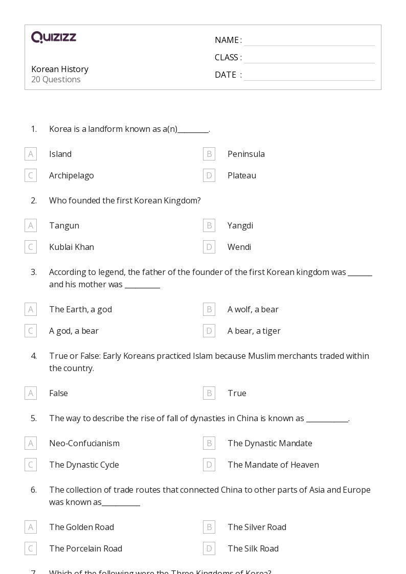 Korean History - Printable Social-studies Worksheets Grade 7 - Quizizz