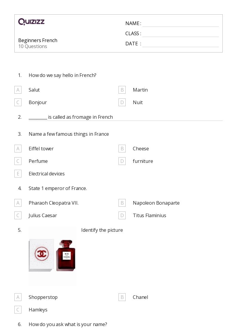 Beginners French - Printable French Worksheets Class 6 - Quizizz