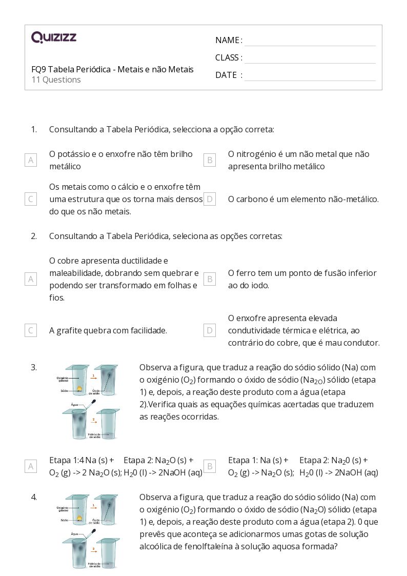 FQ9 Tabela Periódica - Metais e não Metais - Imprimível O-básico Fichas-de-trabalho - Quizizz