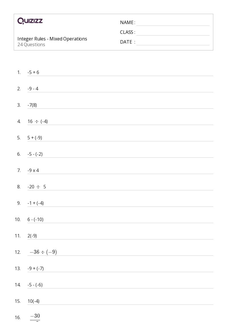 Integer Rules - Mixed Operations - Printable Mixed-operations Worksheets Grade 7 - Quizizz