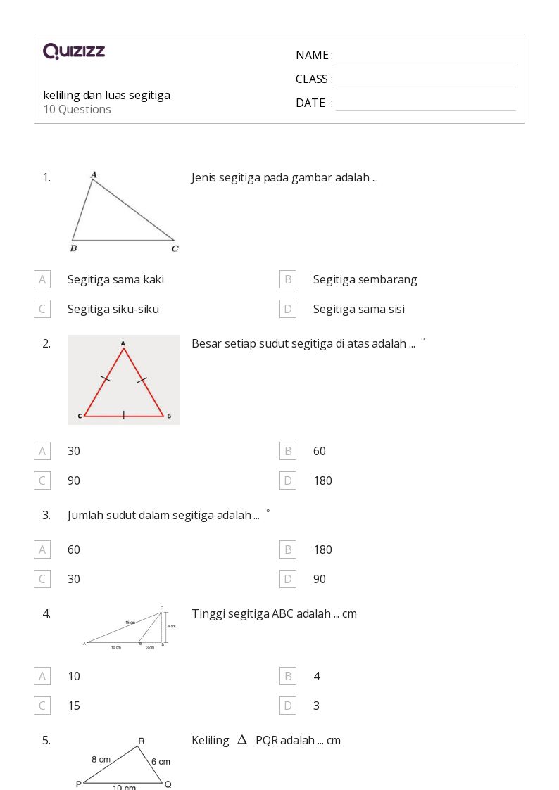 keliling dan luas segitiga - Dapat dicetak Luas-dan-keliling Lembar-kerja Kelas 9 - Quizizz