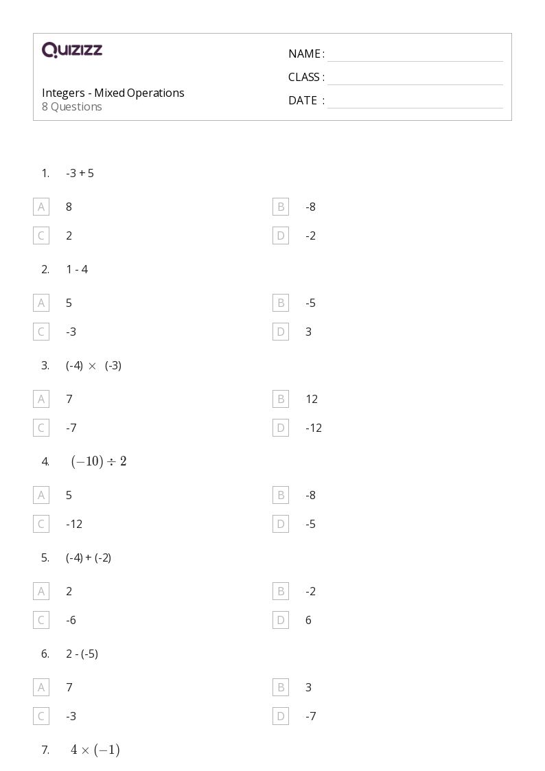 Integers - Mixed Operations - Printable Mixed-operations Worksheets Grade 7 - Quizizz