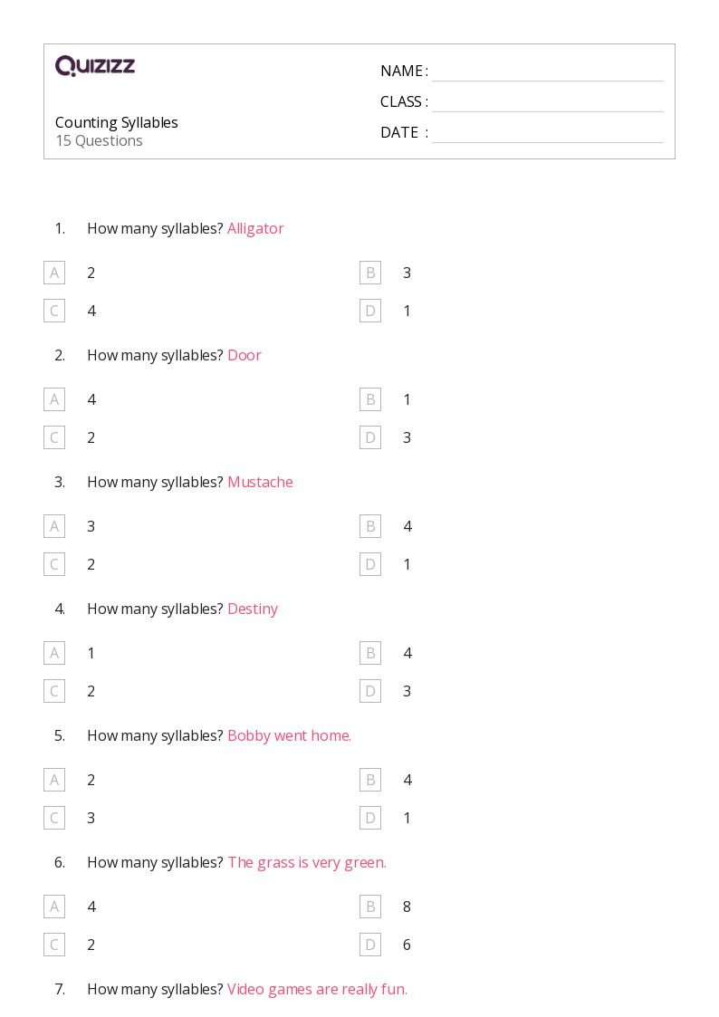 Counting Syllables - Printable Skip-counting Worksheets Grade 8 - Quizizz