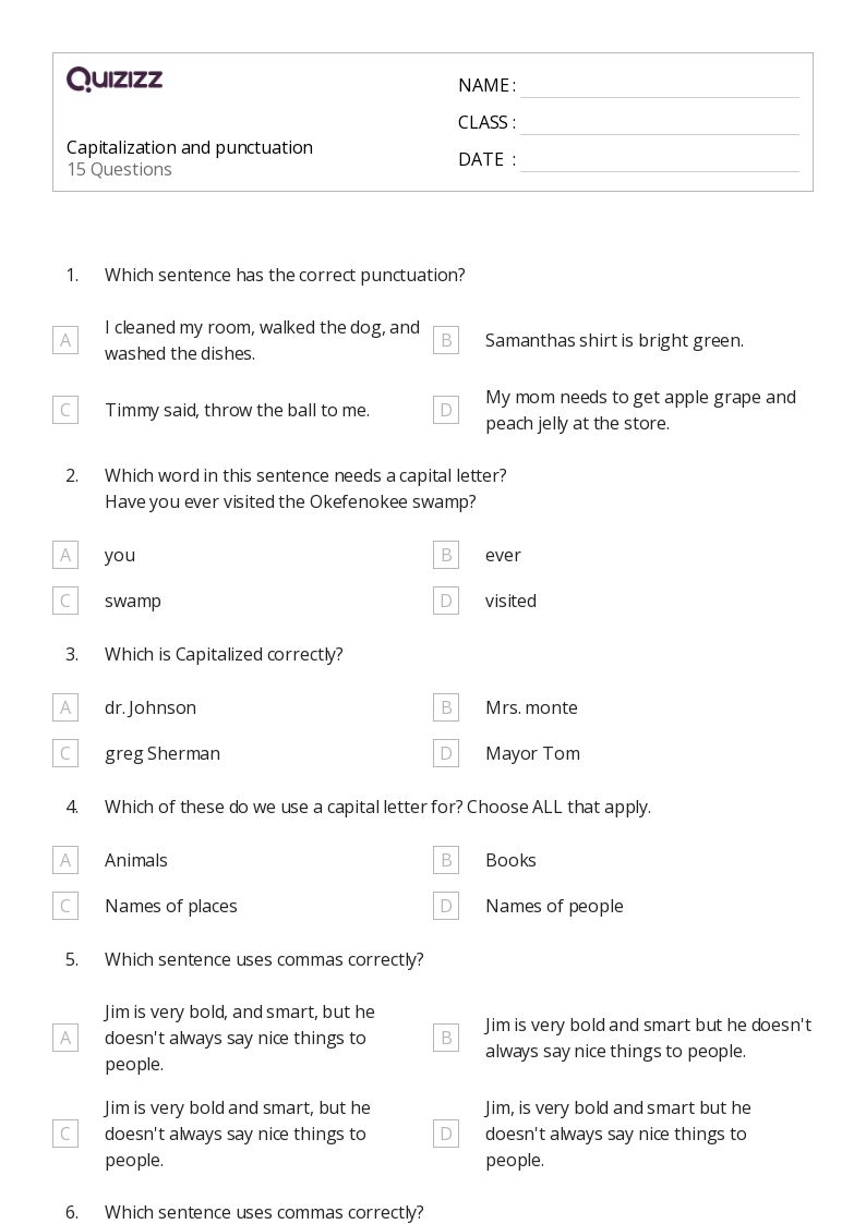 Capitalization and punctuation - Printable Punctuation Worksheets Grade 7 - Quizizz