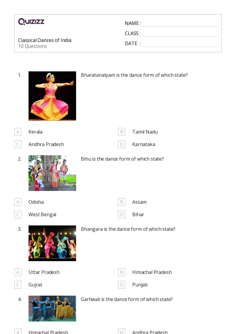 Classical Dances of India - Printable Class 1 Worksheets - Quizizz