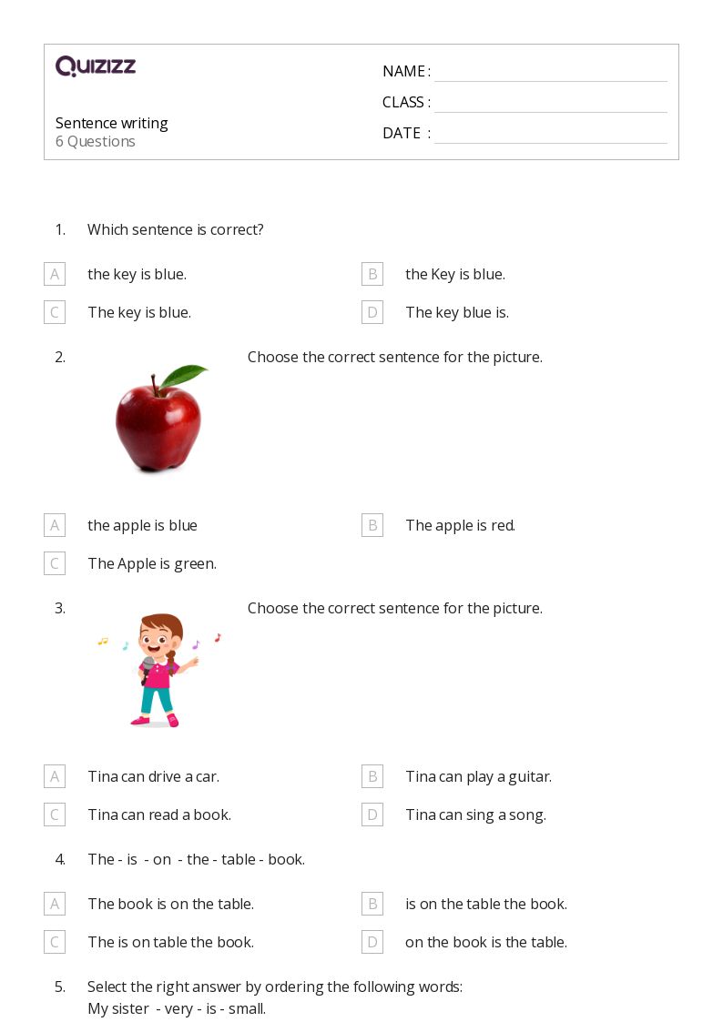 Sentence writing - Printable Class 1 Worksheets - Quizizz