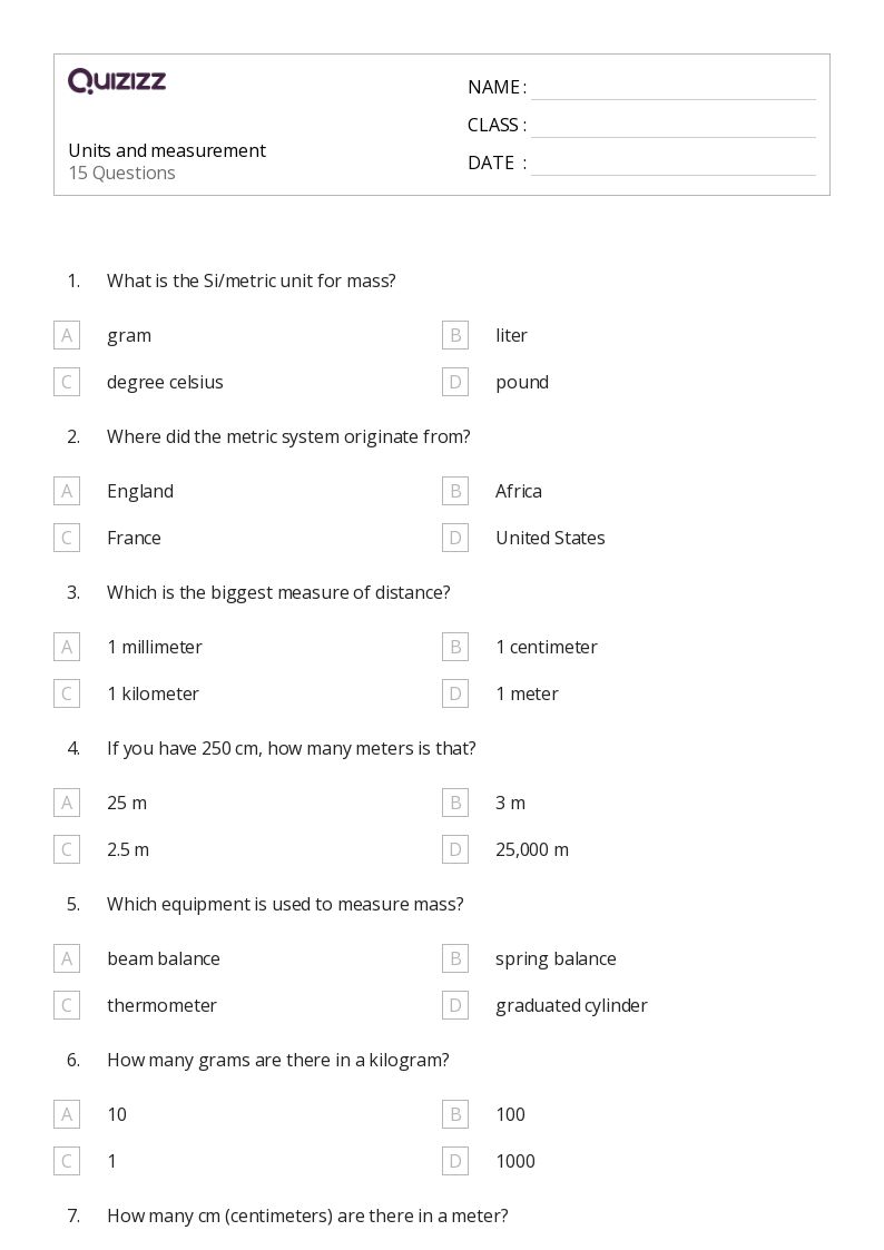 Units and measurement - Printable Science Worksheets Year 8 - Quizizz