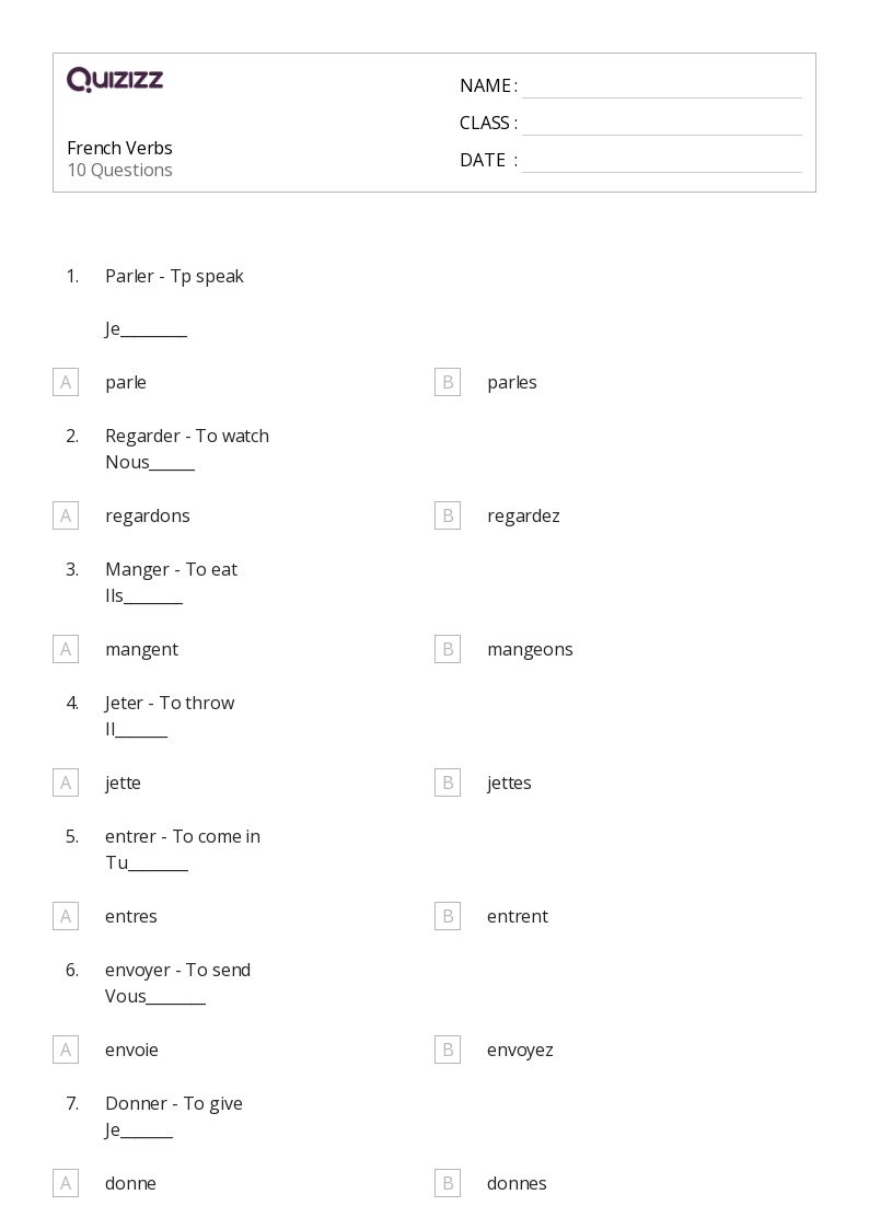 French Verbs - Printable French Worksheets Class 6 - Quizizz